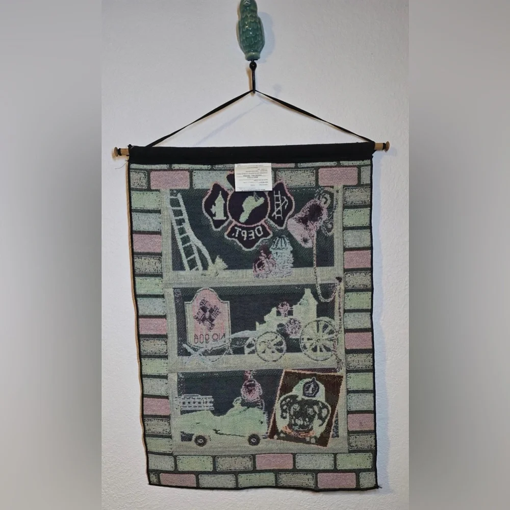 Vintage Fire Dept Woven Tapestry Wall Hanging Bannerette Dalmatian Decor 17x25